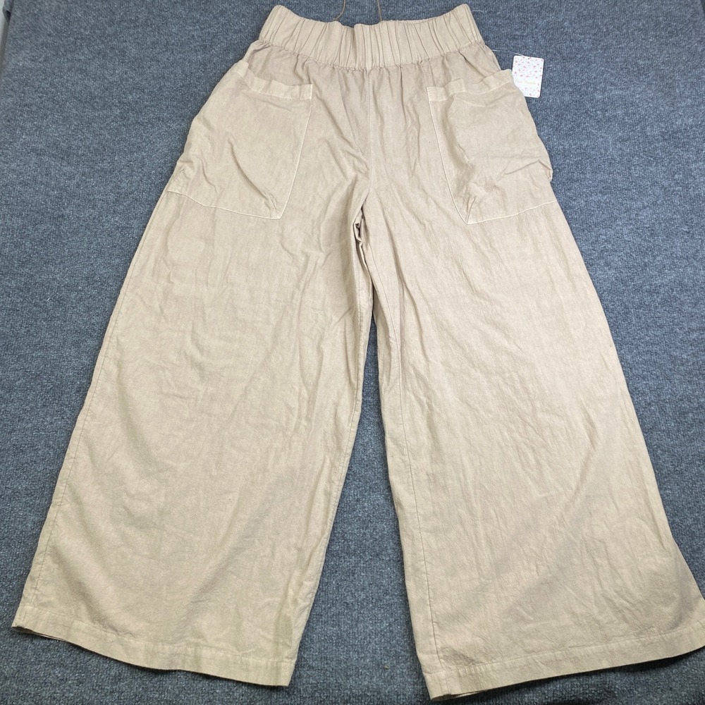 Free People Akoya Polish Wide Leg Pants Tan Cotton Smocked Waist OB1118254 New M